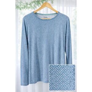 Croft & Barrow Classic Tee Top 100% Cotton Blue‎ White Print Long Sleeve Size 2x